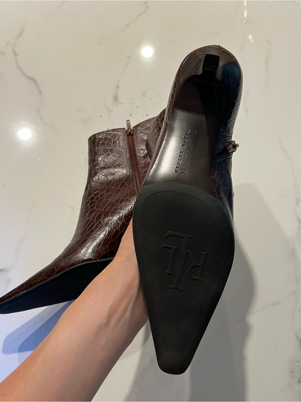 Lauren Ralph Lauren Morrigan Brown Embossed Leather Ankle Boots - Picture 3 of 4